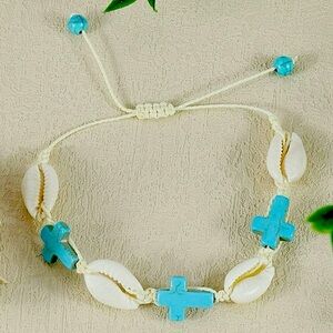 🔴 Turquoise & Shell Adjustable Bracelet with turquoise crosses and cream string